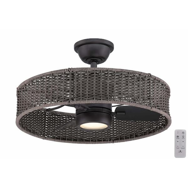 Hampton Bay Darya 25 in. Indoor/Outdoor Matte Black with Gray Wicker Ceiling Fan with Adjustable White LED with Remote Included
