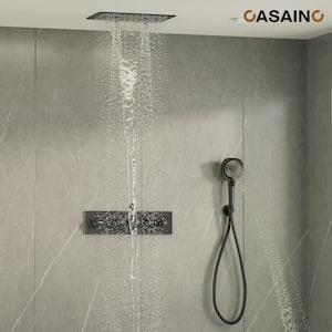 3-Spray Patterns Thermostatic 16 in. Ceiling Mount Rainfall Dual Shower Heads with Hand-Shower in Matte Black