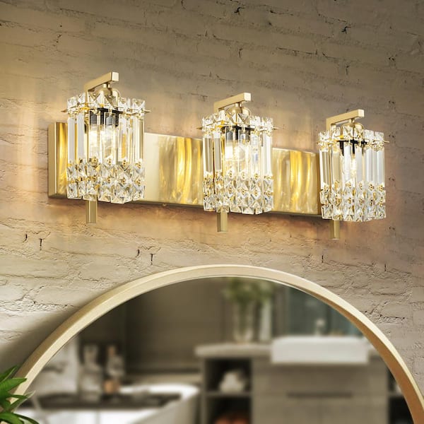 Thery 25.5 in. 3-Light Gold Modern Glam Rectangular Crystal Bathroom Vanity Lights for Mirror w/Crystal Shade