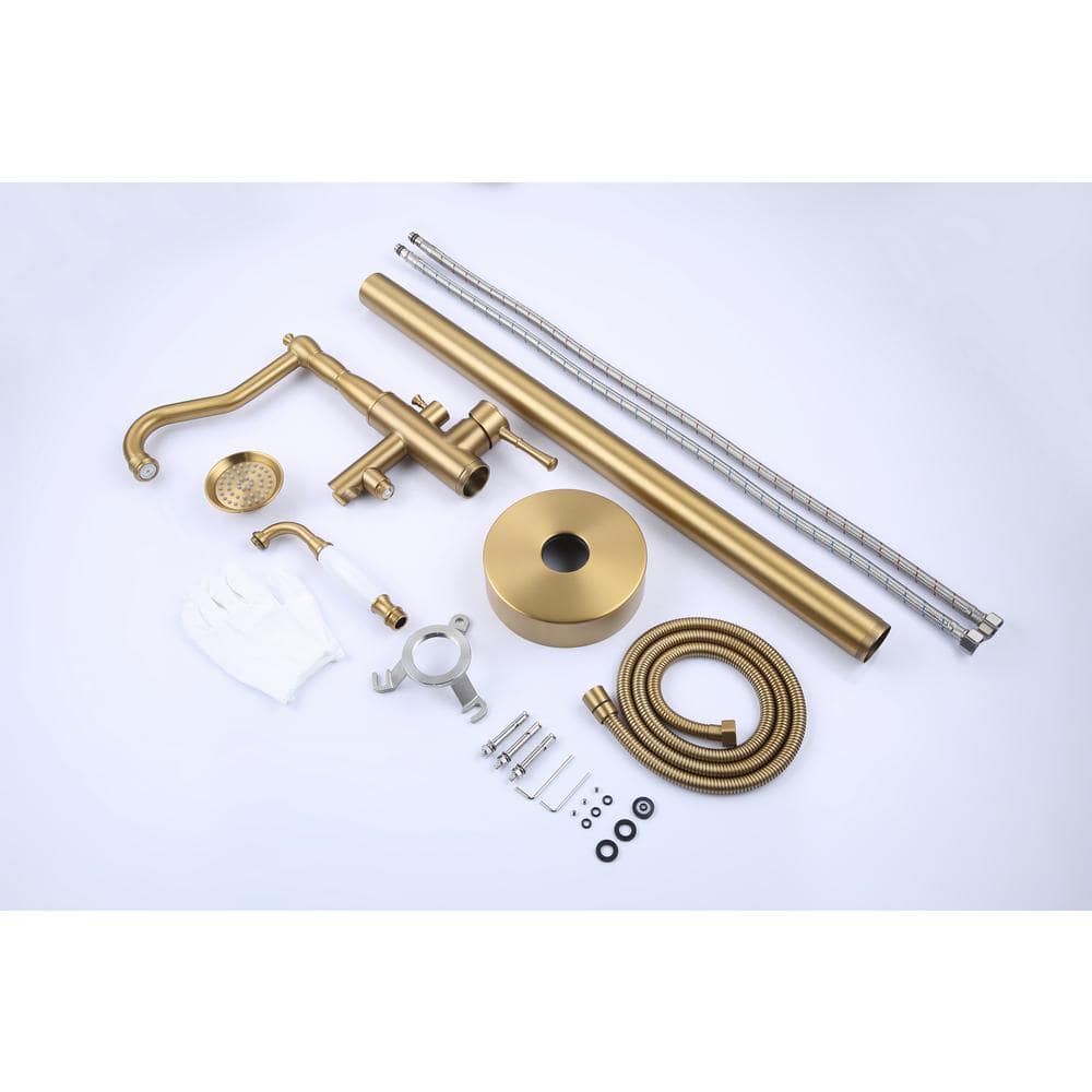 Brushed Gold Single Handle Floor Mounted Bathtub Faucet with Handheld Shower