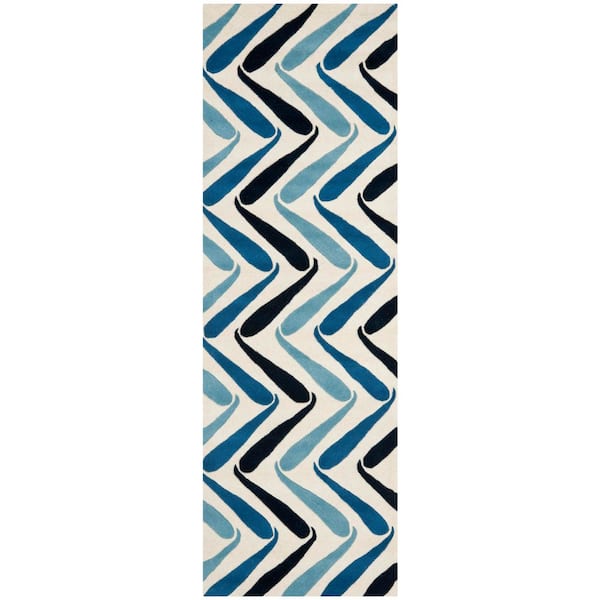 Soho 3 ft. x 8 ft. Ivory/Blue Striped Zig-Zag Runner Rug