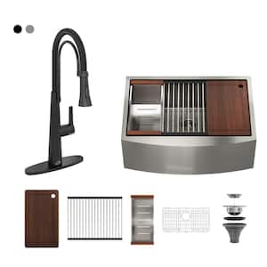 Stainless Steel 36 in. Single Bowl Farmhouse Apron Workstation Kitchen Sink with 2-Function Matte Black Kitchen Faucet