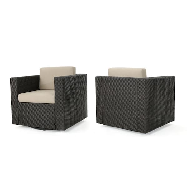 Noble House Puerta Dark Brown Swivel Faux Rattan Outdoor Patio Lounge Chair with Beige Cushion (2-Pack)