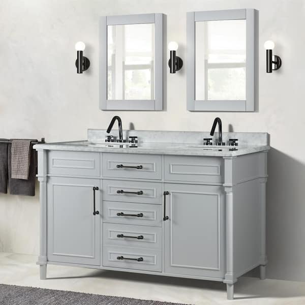 light gray vanity with black hardware