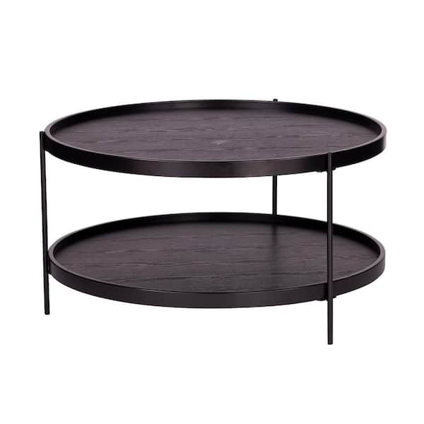 Southern Enterprises Garcia 34 in. Black Medium Round Wood Coffee Table with Shelf