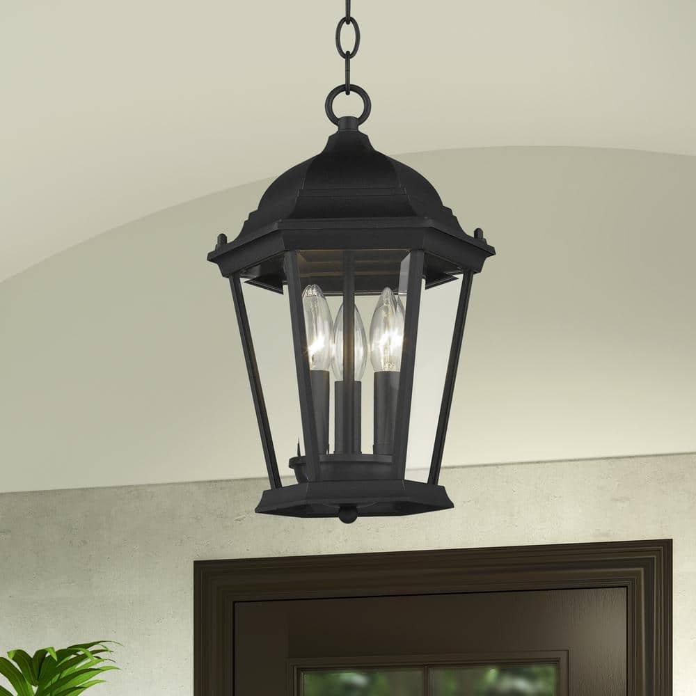 Hamilton Textured Black 3-Light Outdoor Pendant with Clear Beveled Glass