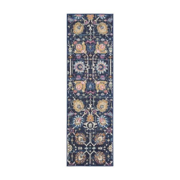 2 ft. x 6 ft. Blue, Ivory Floral Washable Runner Rug