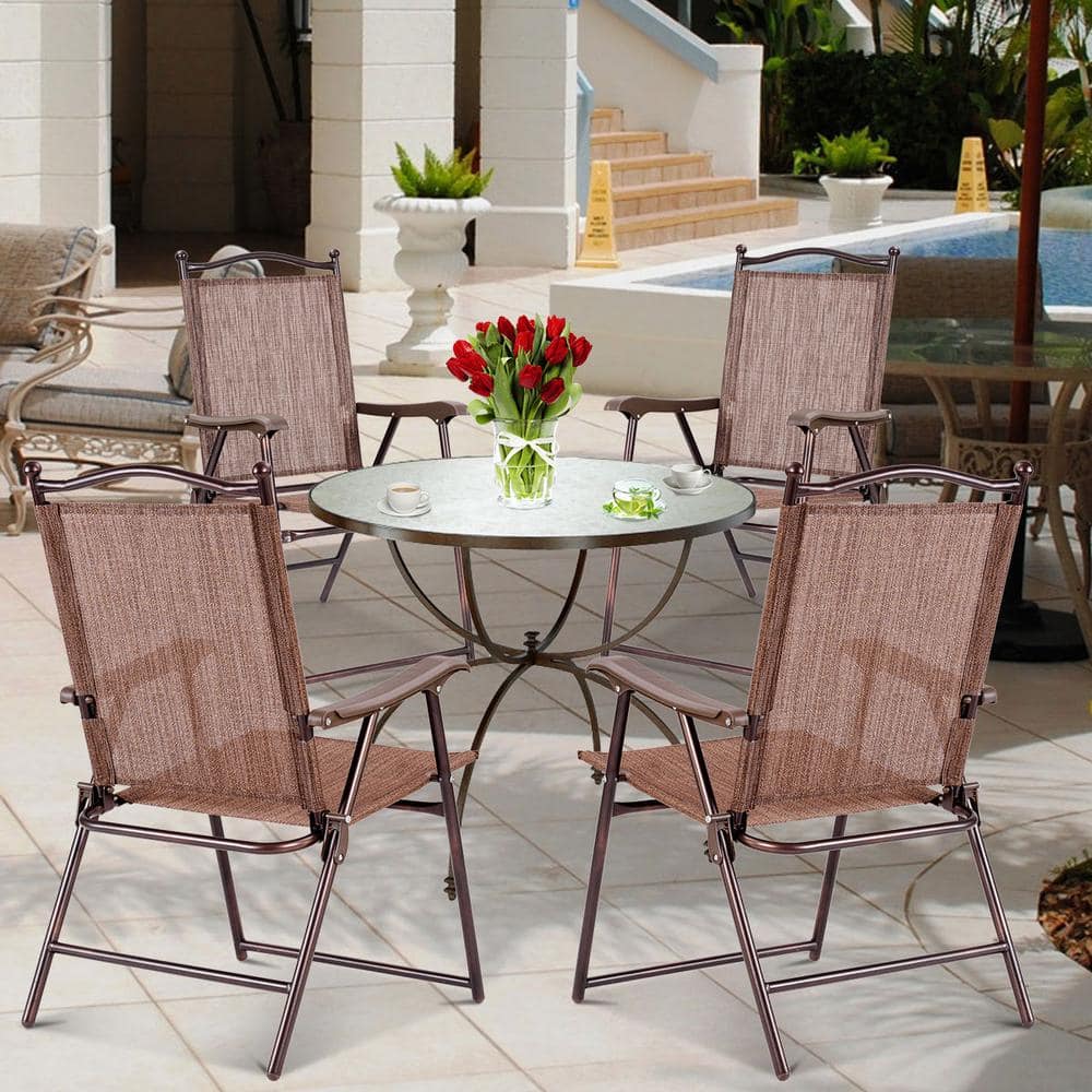Brown Steel Frame Folding Patio Chairs Set of 2