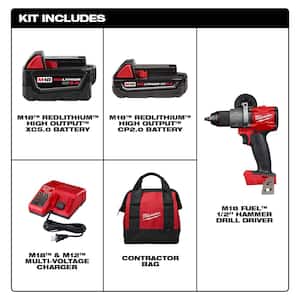 M18 FUEL 18-Volt Lithium-Ion Brushless Cordless 1/2 in. Hammer Drill/Driver with 5.0 Ah and 2.0 Ah Battery, Bag, Charger