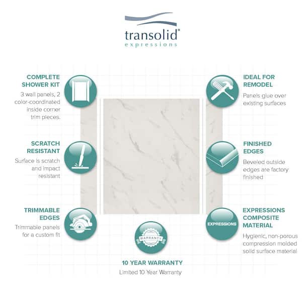 Transolid - Expressions 32 in. x 60 in. x 72 in. 3-Piece Easy Up Adhesive Alcove Shower Wall Surround in Bianca