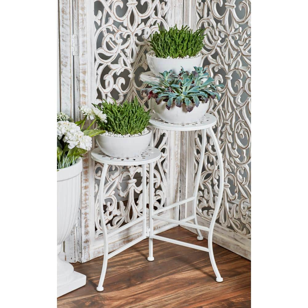 Litton Lane 24 in. White Metal Floral Indoor Outdoor 3 Tier Plantstand