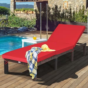 Brown Metal Outdoor Chaise Lounge with Red Cushions Adjustable Backrest