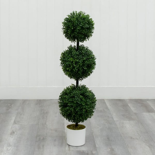 3.2 ft. Artificial UV Resistant 3-Ball Boxwood Topiary Tree in White Pot