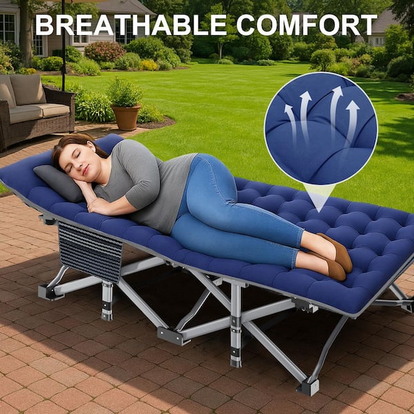 Oversize Folding Camping Cot, 78 in. L X 32 in. W Camp Cot, XL Sleeping Cot With Mattress, Carry Bag, Blue
