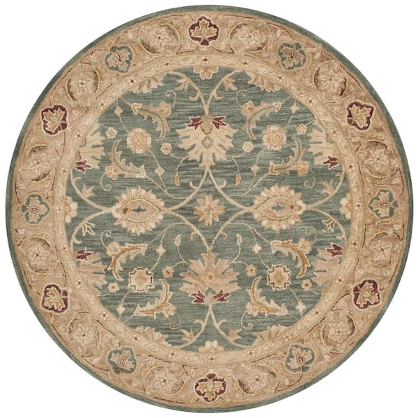 SAFAVIEH Antiquity Teal Blue/Taupe 6 ft. x 6 ft. Round Border Area Rug