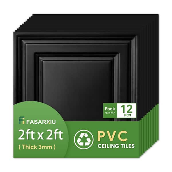 Black 2 ft. x 2 ft. Decorative Textured Waterproof Washable and Fire-Rated PVC Ceiling Tile 48(sq. ft. / case)12 Tiles