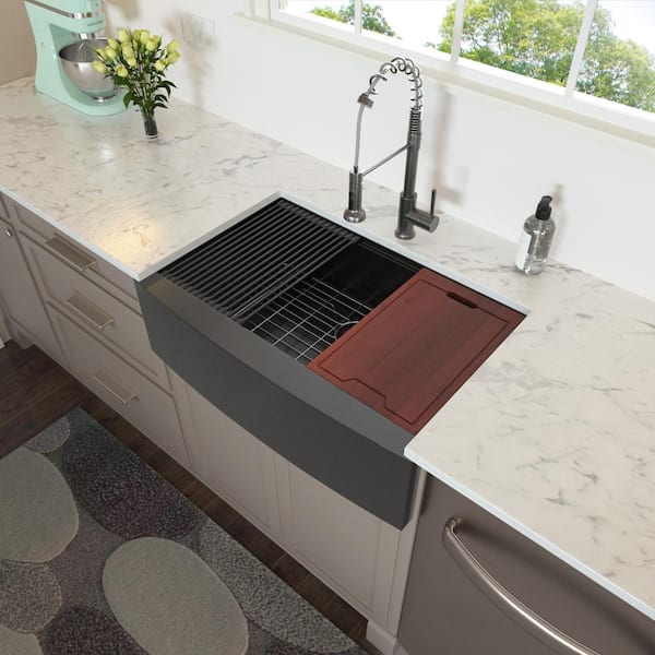 Gunmetal Black/Dark Gray 16-Gauge Stainless Steel 30 in. Deep Single Bowl Workstation Farmhouse/Apron-Front Kitchen Sink