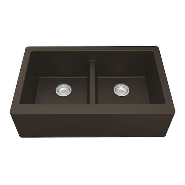Farmhouse Apron Front Quartz/Granite Composite 34 in. Double Bowl Kitchen Sink in Brown