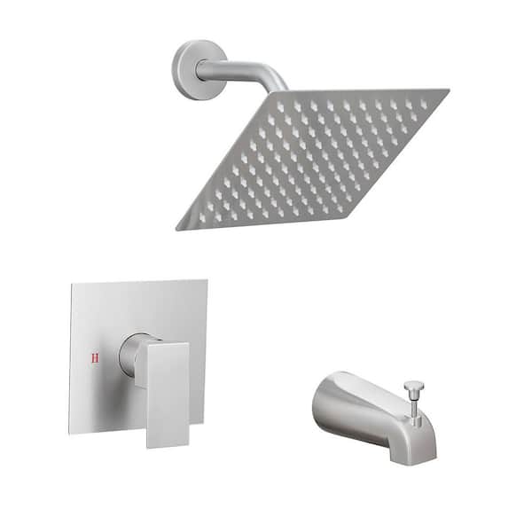 Single Handel 2-Spray Tub Shower Faucet 2.5 GPM, 8 in. Square Shower Head with Tub Spout in Brushed Nickel Tub Spout