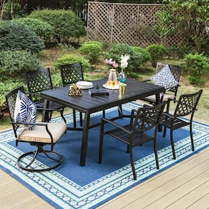 7-Piece Metal Outdoor Dining Set with Extensible Rectangular Slat Table and Elegant Swivel Chairs with Beige Cushions