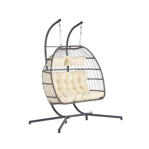 FORCLOVER 2-Person Luxury Iron and Wicker Patio Swing Hanging Egg Chair with Beige Cushion