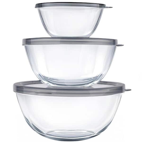 3-Piece Round Glass Mixing Bowls Set with Airtight Lids Nesting Stackable Food Storage for Kitchen Prep