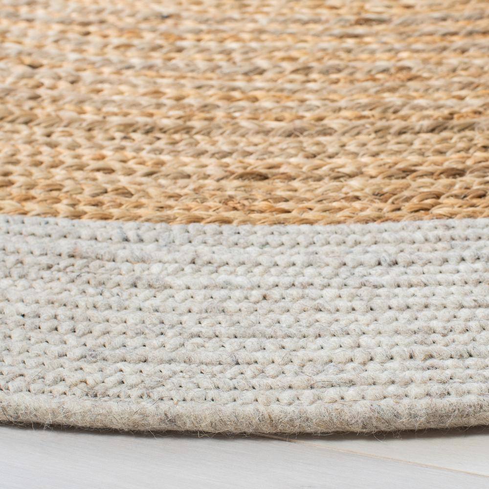 Handmade Beige and Natural Round Wool Cotton Rug, 5' x 5'