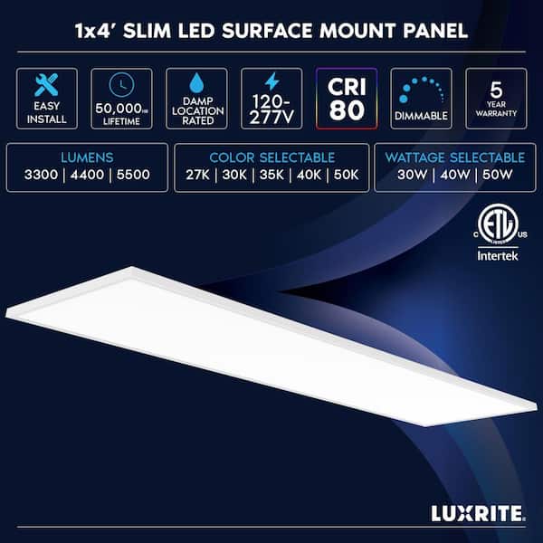 1 x 4 ft. LED Slim Surface Panel Recessed Light 5CCT 2700K-5000K Dimmable 3300/4400/5500LM 30/40/50W Damp Rated (4-Pack)