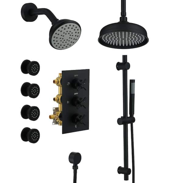 4-Spray 8 and 4 in. Ceiling Mounted Dual Fixed and Handheld Shower Head with Sliding Bar and 4-Body Jets in Matte Black
