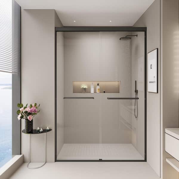 44-48 in. W x 72 in. H Sliding Semi-Frameless Shower Door in Matte Black Finish with Clear Glass