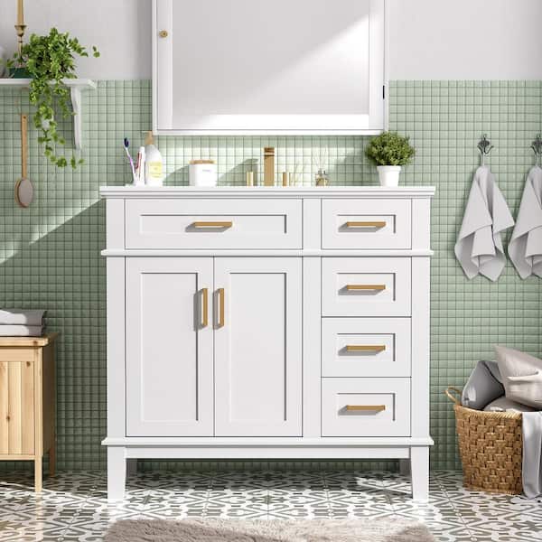 36 in. W x 18 in. D x 35 in. H Freestanding Bath Vanity in White with White Cultured Marble Top