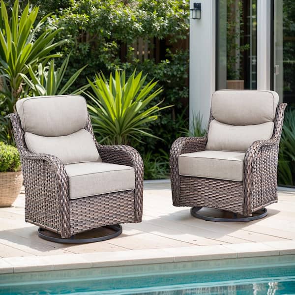Crescent Moon Swivel Wicker Outdoor Rocking Chair with CushionGuard Beige Cushions (Set 2-Pack)