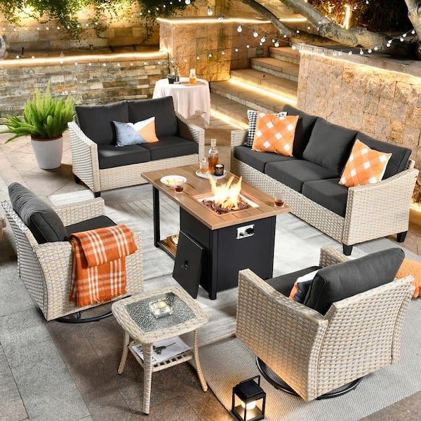 HOOOWOOO Oconee Beige 6-Piece Wicker Outdoor Patio Fire Pit Conversation Sofa Loveseat Set with Swivel Chairs and Black Cushions