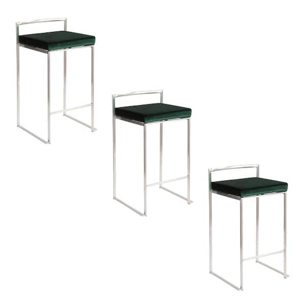 Lumisource Fuji 27.75 in. Emerald, Green Velvet and Brushed Stainless Steel Metal Stackable Counter Stool (Set of 3)