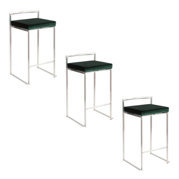 Lumisource Fuji 27.75 in. Emerald, Green Velvet and Brushed Stainless Steel Metal Stackable Counter Stool (Set of 3)
