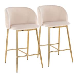 Fran Pleated Waves 36 in. White Velvet and Gold Metal High Back Counter Height Bar Stool (Set of 2)