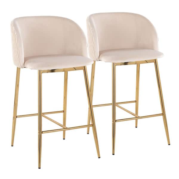 Lumisource Fran Pleated Waves 36 in. White Velvet and Gold Metal High Back Counter Height Bar Stool (Set of 2)