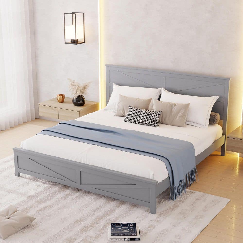 Farmhouse Style Gray Wood Frame King Size Platform Bed with Barn Door Designed Headboard and Footboard, Support Legs price history on PriceWatchPro