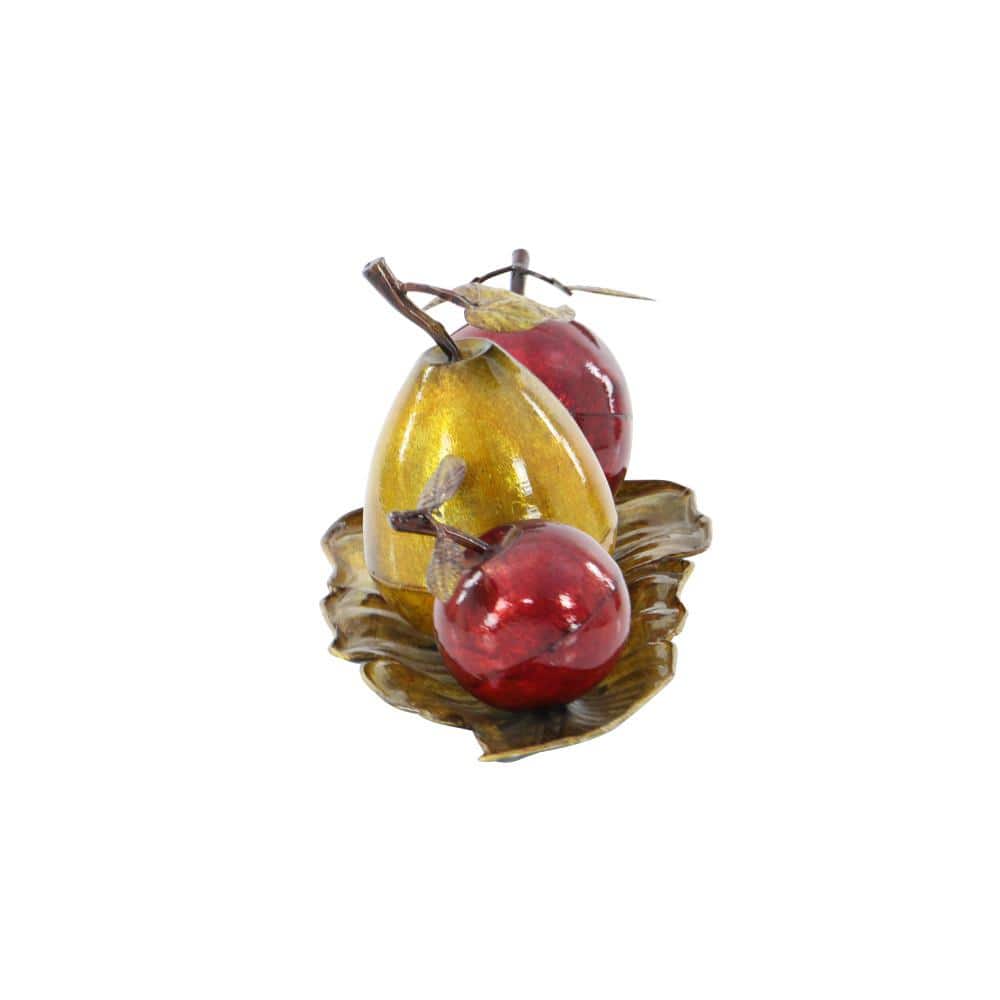 Glossy Red Apple and Yellow Pear Metal Sculpture on Leaf Tray