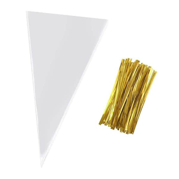 100 Cone Treat Bags 15 x 7 in. Clear Cellophane with Twist Ties for Treats Popcorn Candy Party Favors