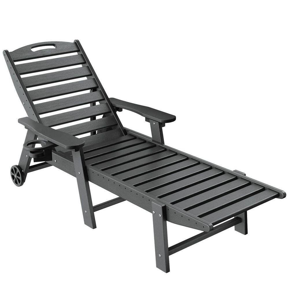 Lounge Chair Ourdoor with 6-Position Adjustable Back, HDPE Patio Chaise with Wheels and Cup Holder, Grey price history on PriceWatchPro