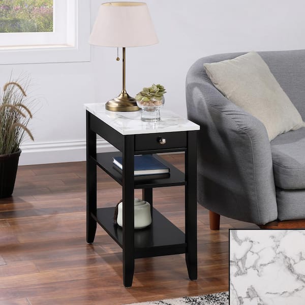 Convenience Concepts American Heritage 23.5 in. White Faux Marble/Black Birch Veneer Rectangle MDF End Table with 1 Drawer and Shelves