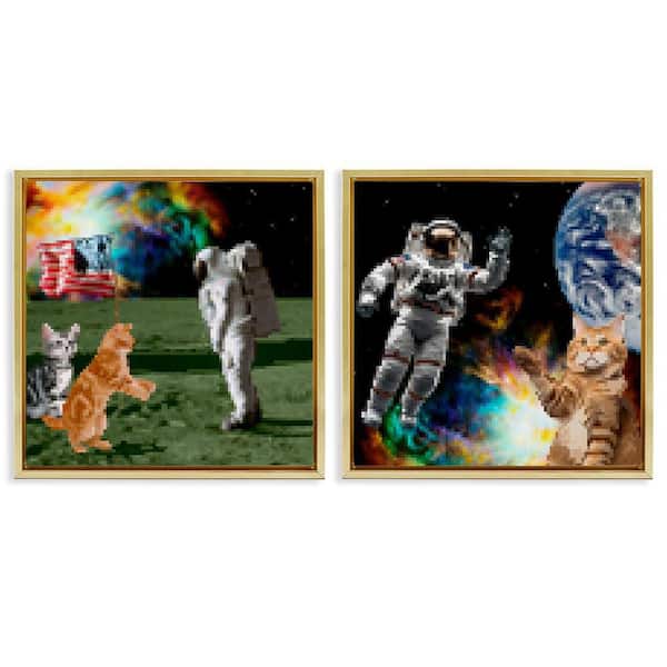 Stupell Industries Cats and Astronauts in Space by June Erica Vess 2-Pieces Gold Floater Frame Animal Graphic Art Print 18 in. x 18 in.
