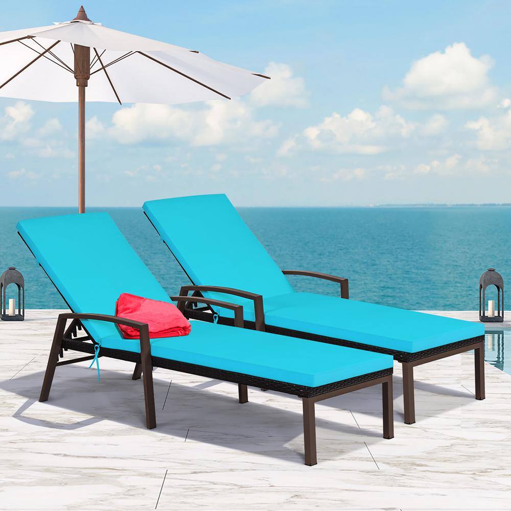 Turquoise Cushioned Rattan Chaise Lounge Chairs with Adjustable Backrest
