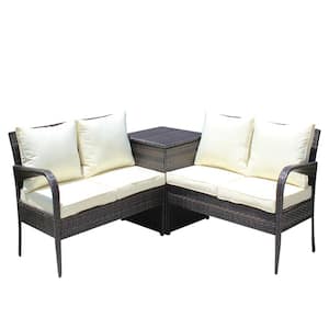 3-Piece Wicker Patio Outdoor Sectional Set with Beige Cushion
