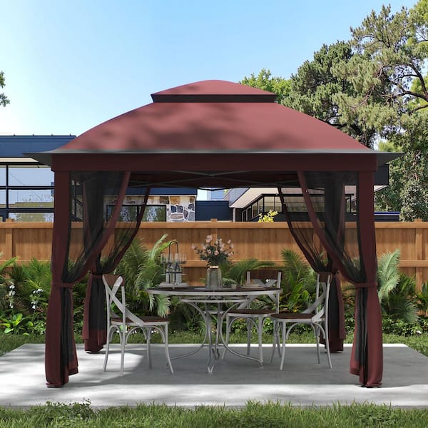 11 ft. x 11 ft. Outdoor Pop Up Canopy Tent with Mosquito Netting and Storage Bag, Red