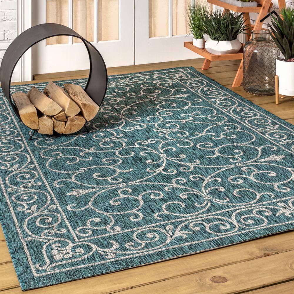 Teal & Gray Vintage Boho-Chic Filigree 9'x12' Indoor/Outdoor Rug