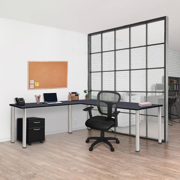 Kee 66 in x 66 in. Grey Top Corner L Shaped Desk with Pedestal Drawer, Chrome Legs