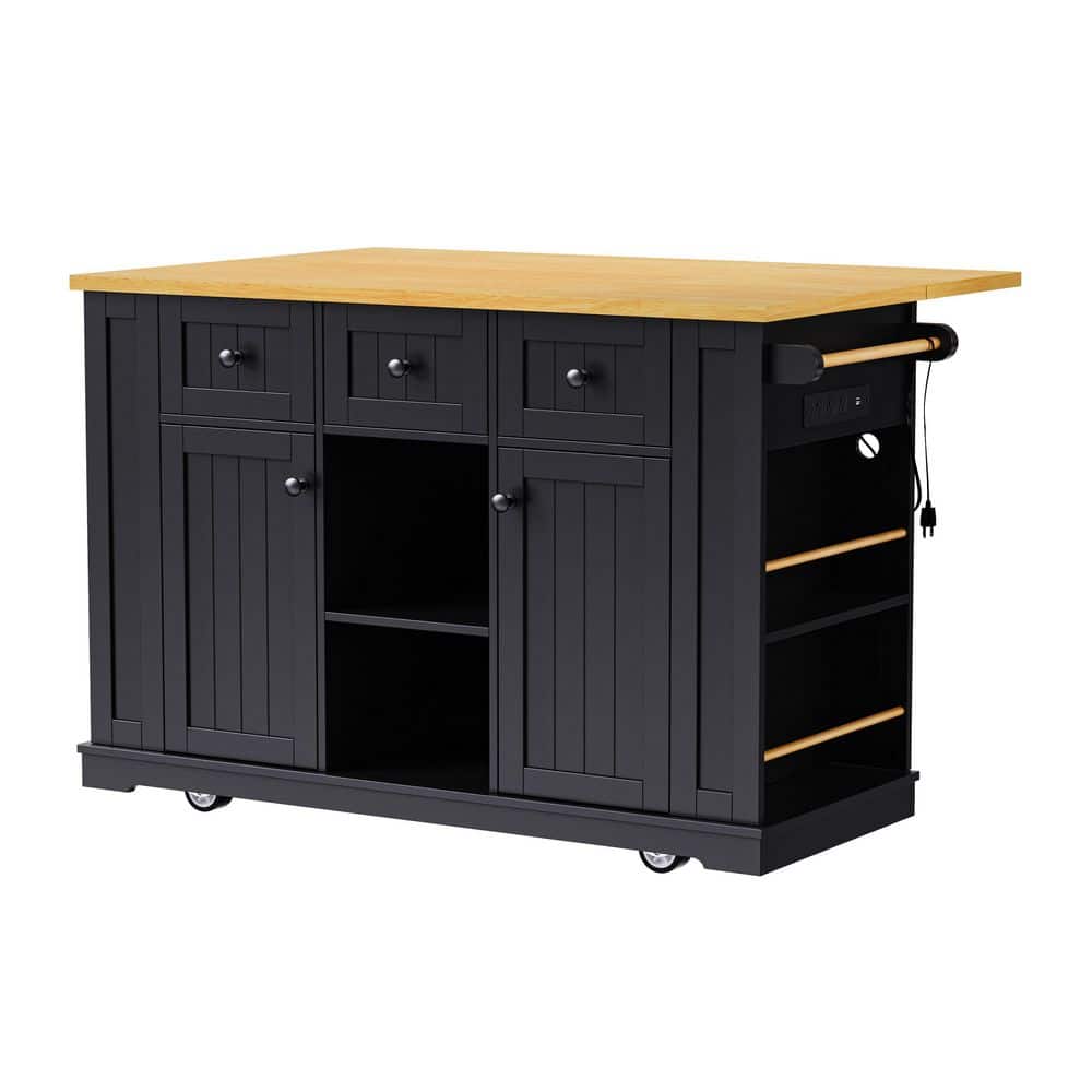 Rolling Black Wood Top 53 in. Kitchen Island Cart with Power Outlet, Adjustable Shelves