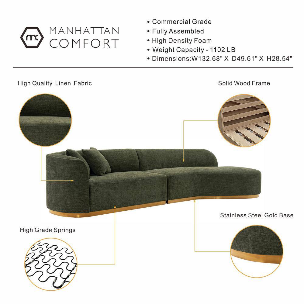 Olive Green Linen 132" 2-Piece Sectional Sofa with Golden Base